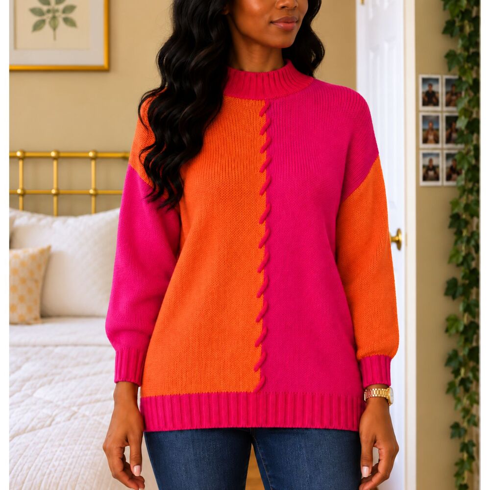 NWT Vintage Boundary Waters M Tunic Sweater Pink Orange Colorblock Mock Neck